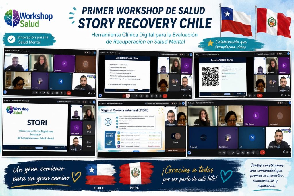 Banner collage for the Primer Workshop de Salud Story Recovery Chile, showing the event title, logos, Chile and Peru flags, and screenshots of a virtual meeting with participants; bottom banner with patriotic graphics and a message of thanks and well-being.
