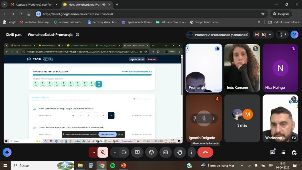 Google Meet with a shared screen showing a Spanish evaluation progress dashboard (Progreso del Test de Evaluación) and participant tiles on the right side