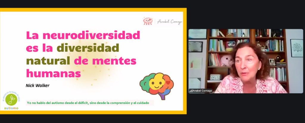 Slide with bold pink/green text: 'La neurodiversidad es la diversidad natural de mentes humanas' and a brain graphic; speaker appears in a video panel to the right.