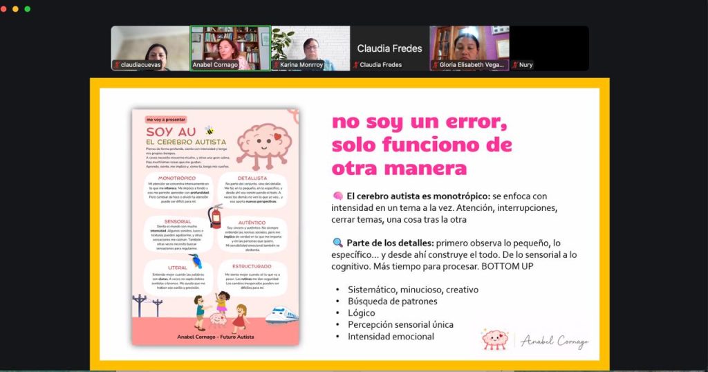 Slide with a poster on autism on the left and a pink Spanish title on the right: 'no soy un error, solo funciono de otra manera' with bullet points about autistic thinking and details.