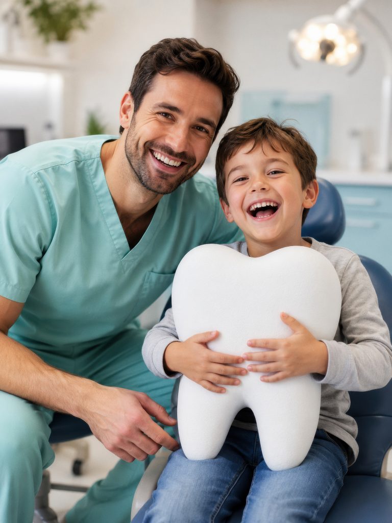 Dentist in teal scrubs smiling with a young patient in a dental chair, holding a large tooth modeled prop in front of them.