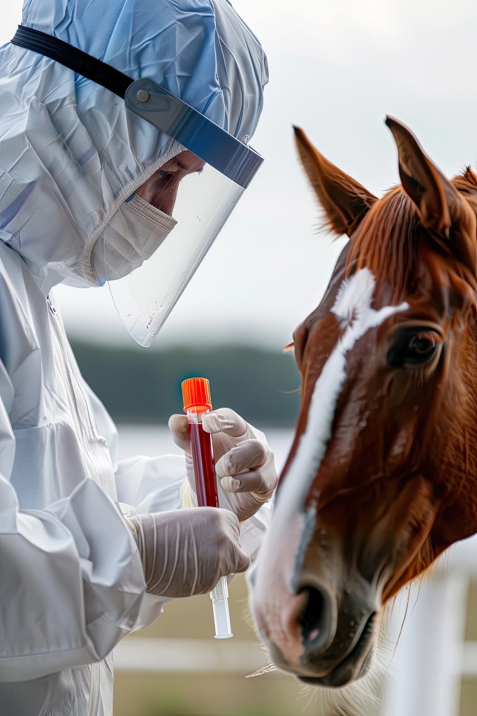 A veterinarian in full protective gear and face shield collects a blood sample from a horse using a syringe and red-capped tube.