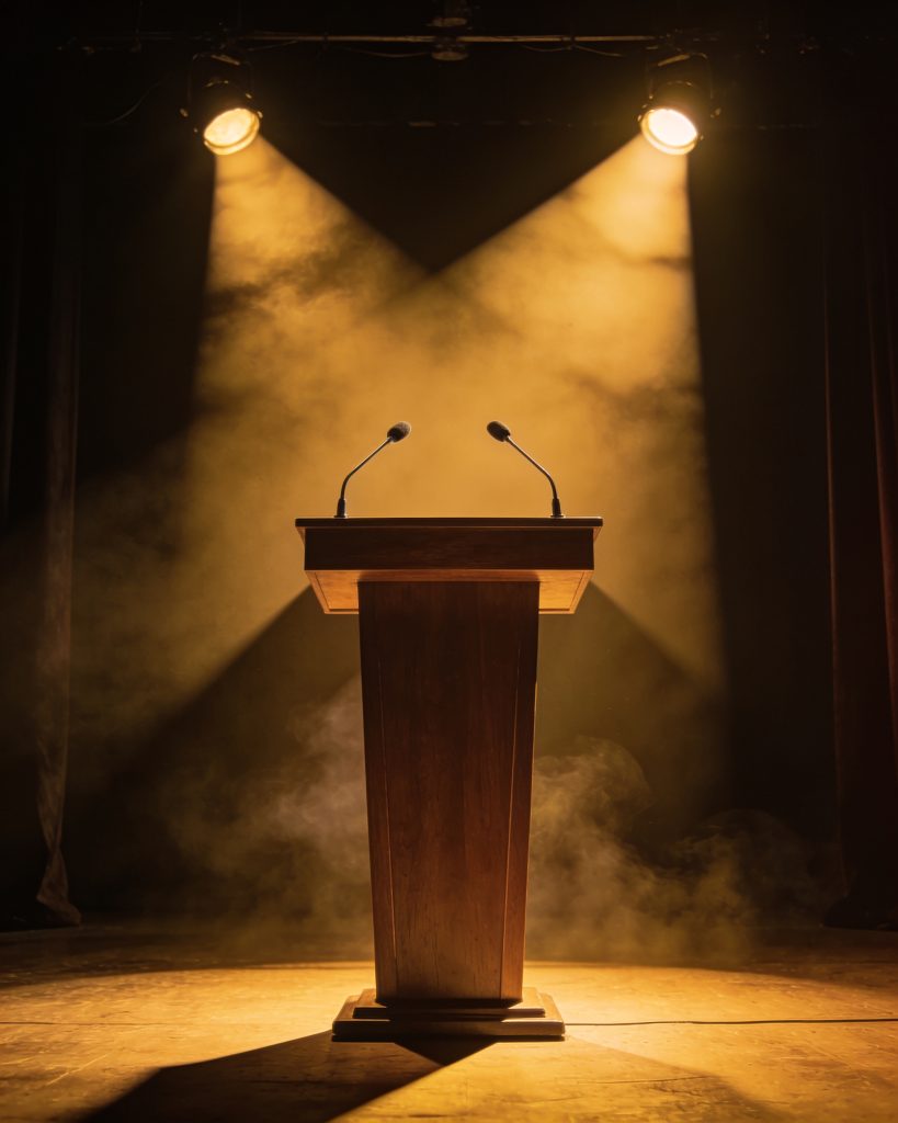 Wood podium with two gooseneck microphones on a dim, smoky stage lit by warm overhead spotlights.